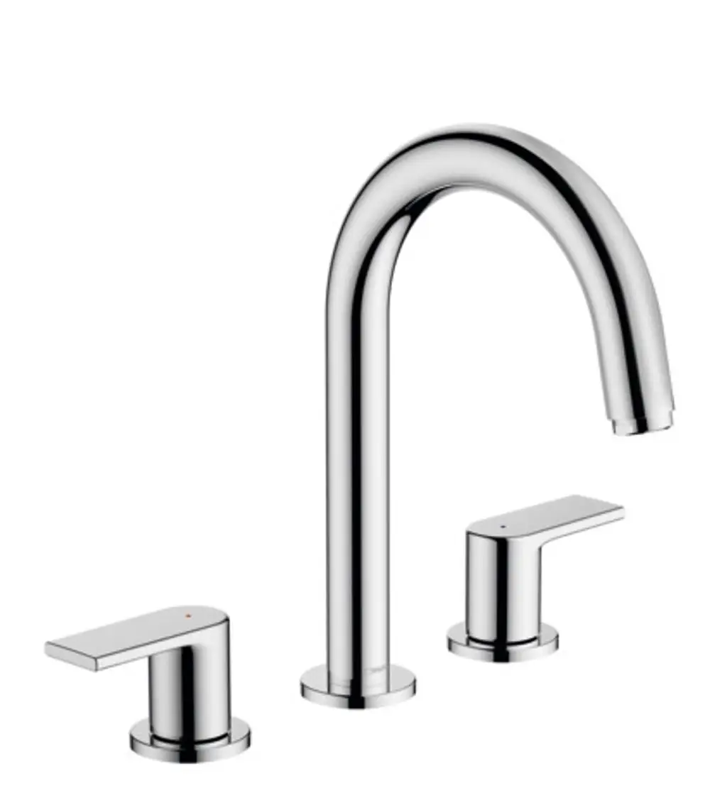 Chromene Hansgrohe Waschtischarmatur mit einem hohen, gebogenen Auslauf und zwei seitlichen Griffen zur Wassersteuerung. Schadstofffreies Design für Badezimmeranwendungen.